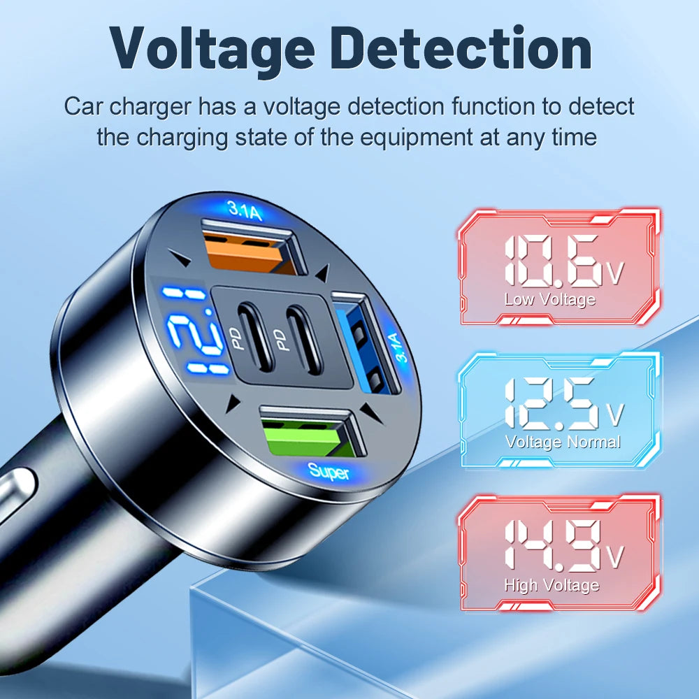 5 Ports USB C Car Charger Fast Charging PD QC3.0 USB C Car Phone Charger Type C Adapter In Car For IPhone Samsung Xiaomi