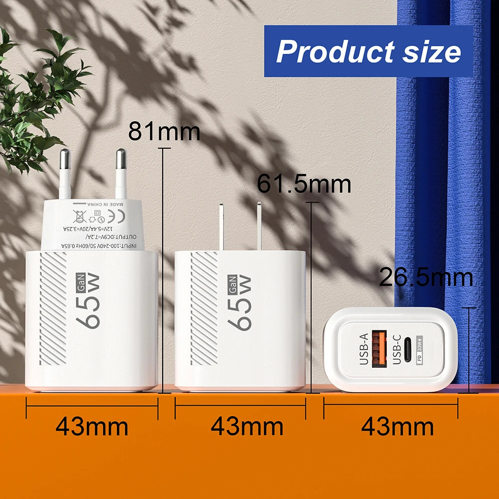65W GaN Fast Charging USB Type C Charger US EU Plug PD 3.0 Quick Charge Travel Wall Charger For Phone Adapter For iPhone Samsung