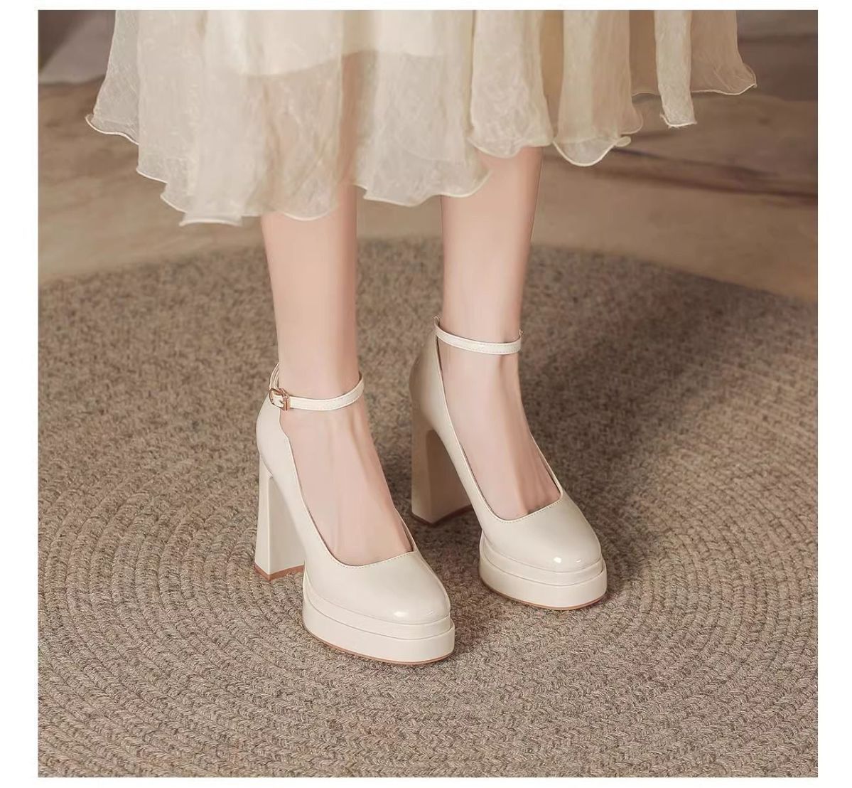 French-Style Mary Jane Thick-Soled Waterproof Platform Shoes for Petite Individuals, Black Single-Strap Ultra-High Heels, 2026 New Model, Patent Leather
