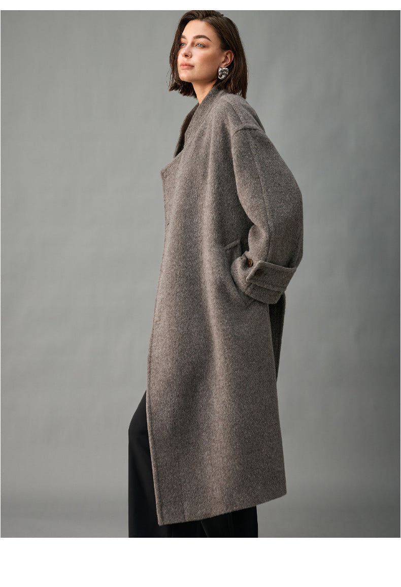 Lined, Thickened, Warm Autumn and Winter New Alpaca Wool Coat for Women with Partial Placket and Tie, Peruvian Alpaca Wool Coat