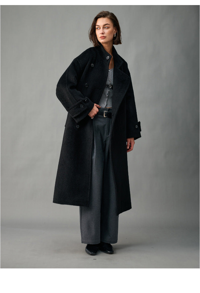 Lined, Thickened, Warm Autumn and Winter New Alpaca Wool Coat for Women with Partial Placket and Tie, Peruvian Alpaca Wool Coat