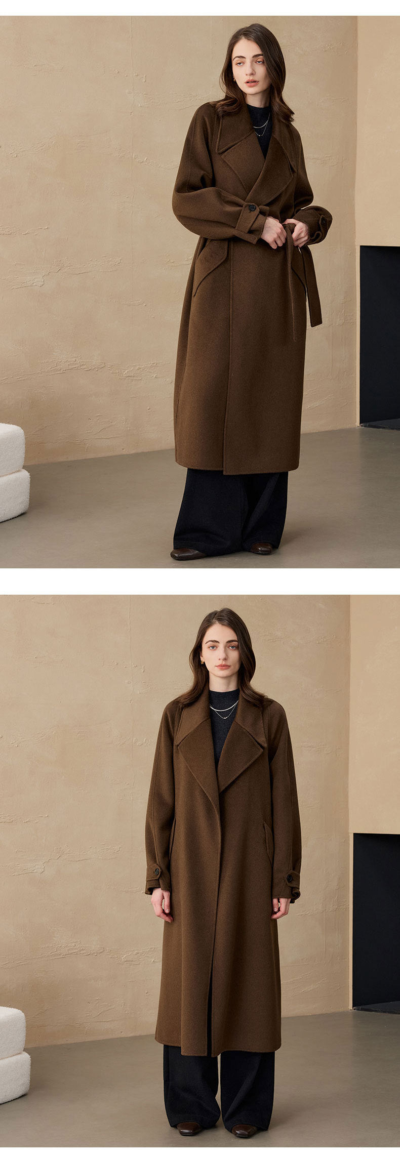 2025 Cashmere Long Coat Woolen Coat Coat Pure Cashmere Coat Double-sided Woolen Lace-up Commuter Coat for Women