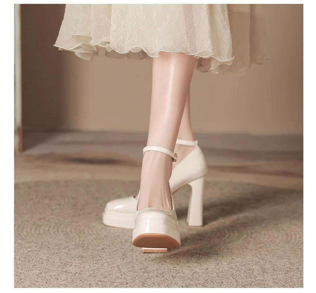 French-Style Mary Jane Thick-Soled Waterproof Platform Shoes for Petite Individuals, Black Single-Strap Ultra-High Heels, 2026 New Model, Patent Leather