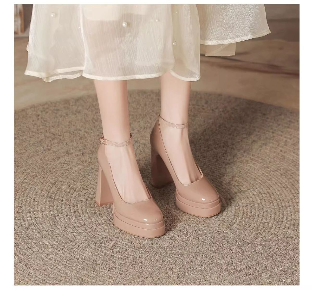 French-Style Mary Jane Thick-Soled Waterproof Platform Shoes for Petite Individuals, Black Single-Strap Ultra-High Heels, 2026 New Model, Patent Leather