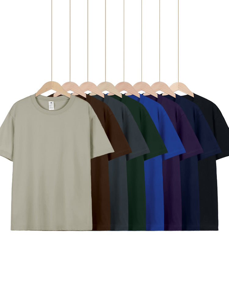 Camiseta japonesa de manga curta de algodão puro pesado 230g para mulheres, versátil, gola redonda, ombro direto, cor sólida, meia manga, atacado, camiseta para homens