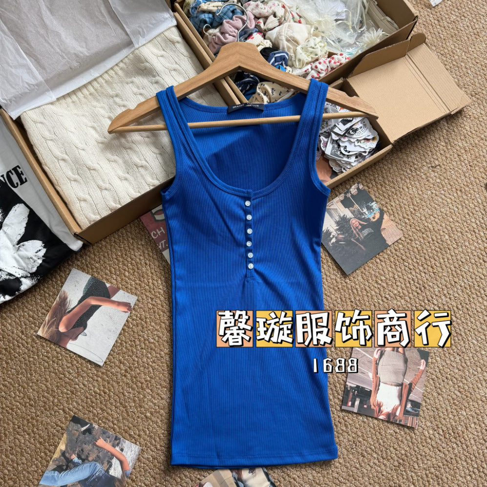 Estilo BM estilo americano gostoso garota fino botão camisola feminina BM uso externo emagrecimento camada de fundo versátil top sem mangas