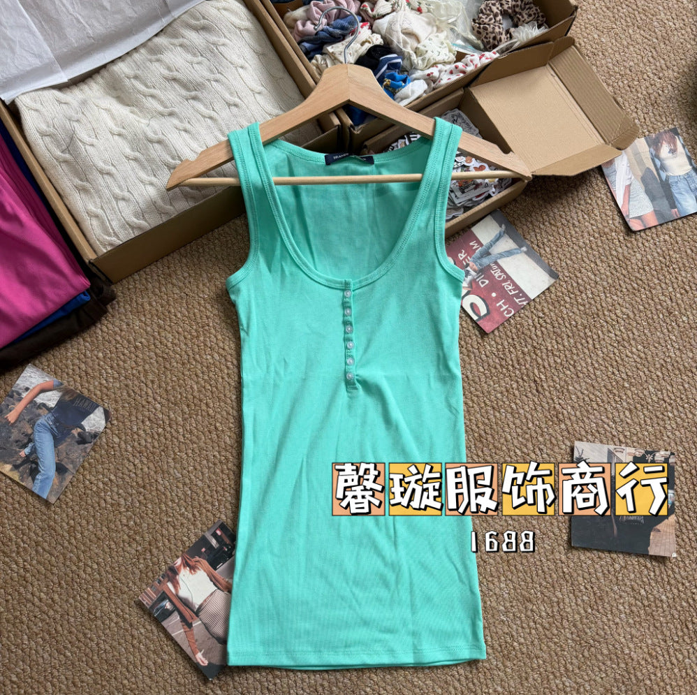 Estilo BM estilo americano gostoso garota fino botão camisola feminina BM uso externo emagrecimento camada de fundo versátil top sem mangas
