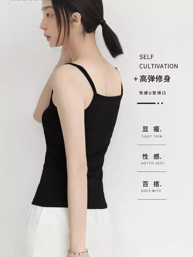 Camisola pequena modal para mulheres com belas costas, verão, roupa externa fina e sexy, estilo puro de desejo, camada de fundo, top preto