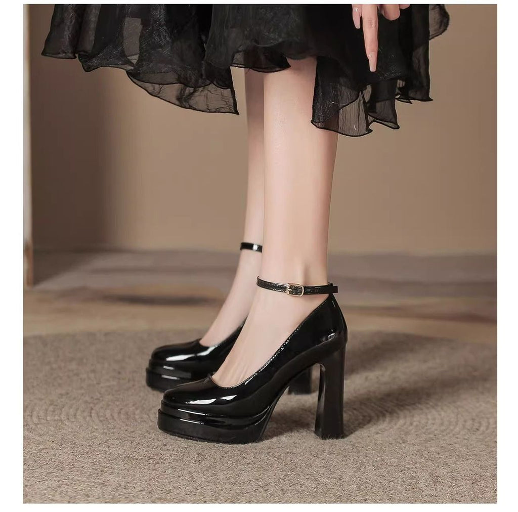 French-Style Mary Jane Thick-Soled Waterproof Platform Shoes for Petite Individuals, Black Single-Strap Ultra-High Heels, 2026 New Model, Patent Leather