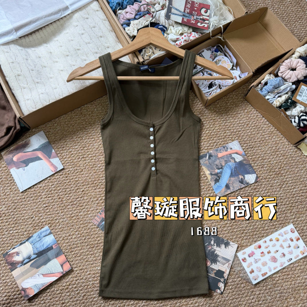 Estilo BM estilo americano gostoso garota fino botão camisola feminina BM uso externo emagrecimento camada de fundo versátil top sem mangas