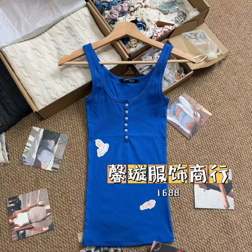 Estilo BM estilo americano gostoso garota fino botão camisola feminina BM uso externo emagrecimento camada de fundo versátil top sem mangas