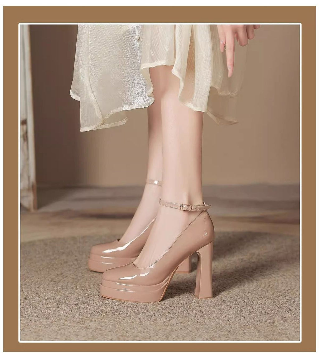 French-Style Mary Jane Thick-Soled Waterproof Platform Shoes for Petite Individuals, Black Single-Strap Ultra-High Heels, 2026 New Model, Patent Leather