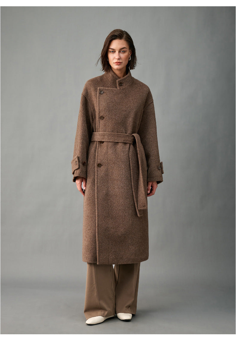 Lined, Thickened, Warm Autumn and Winter New Alpaca Wool Coat for Women with Partial Placket and Tie, Peruvian Alpaca Wool Coat