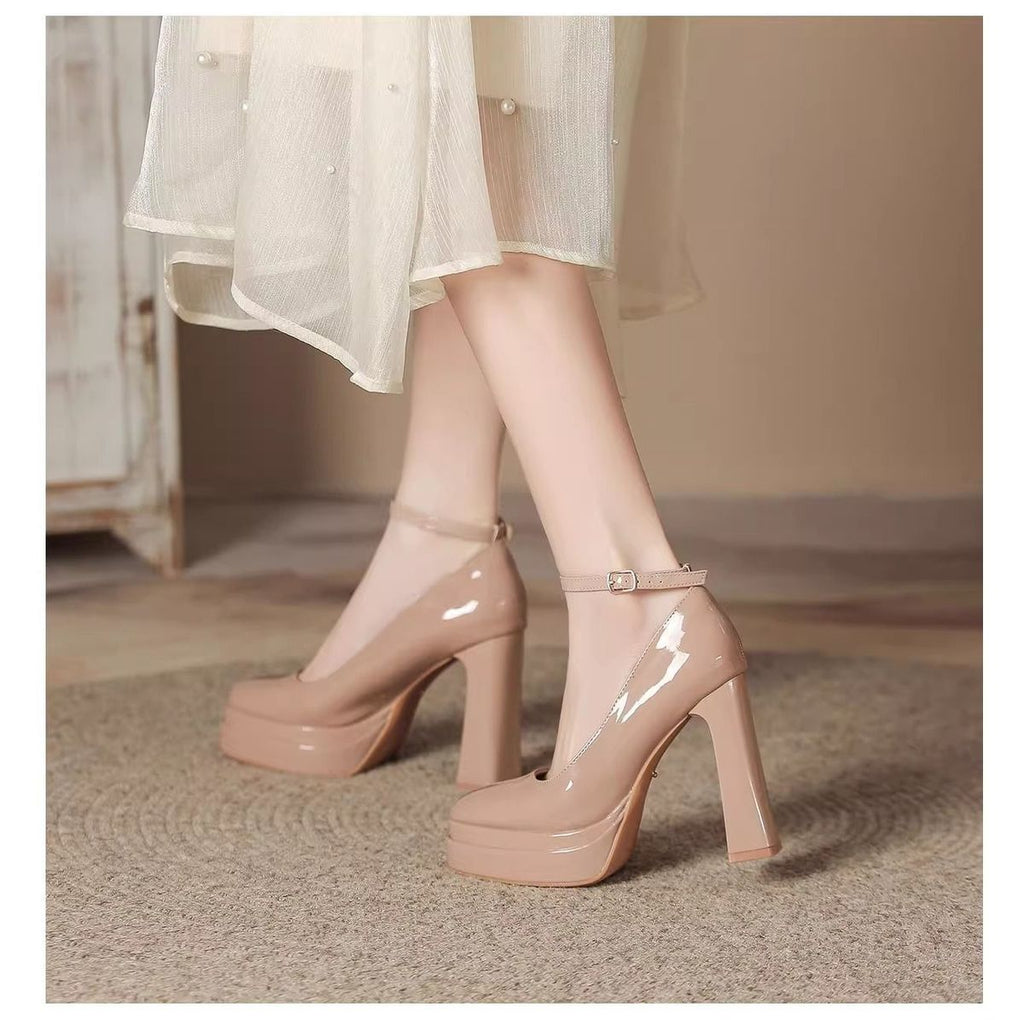 French-Style Mary Jane Thick-Soled Waterproof Platform Shoes for Petite Individuals, Black Single-Strap Ultra-High Heels, 2026 New Model, Patent Leather