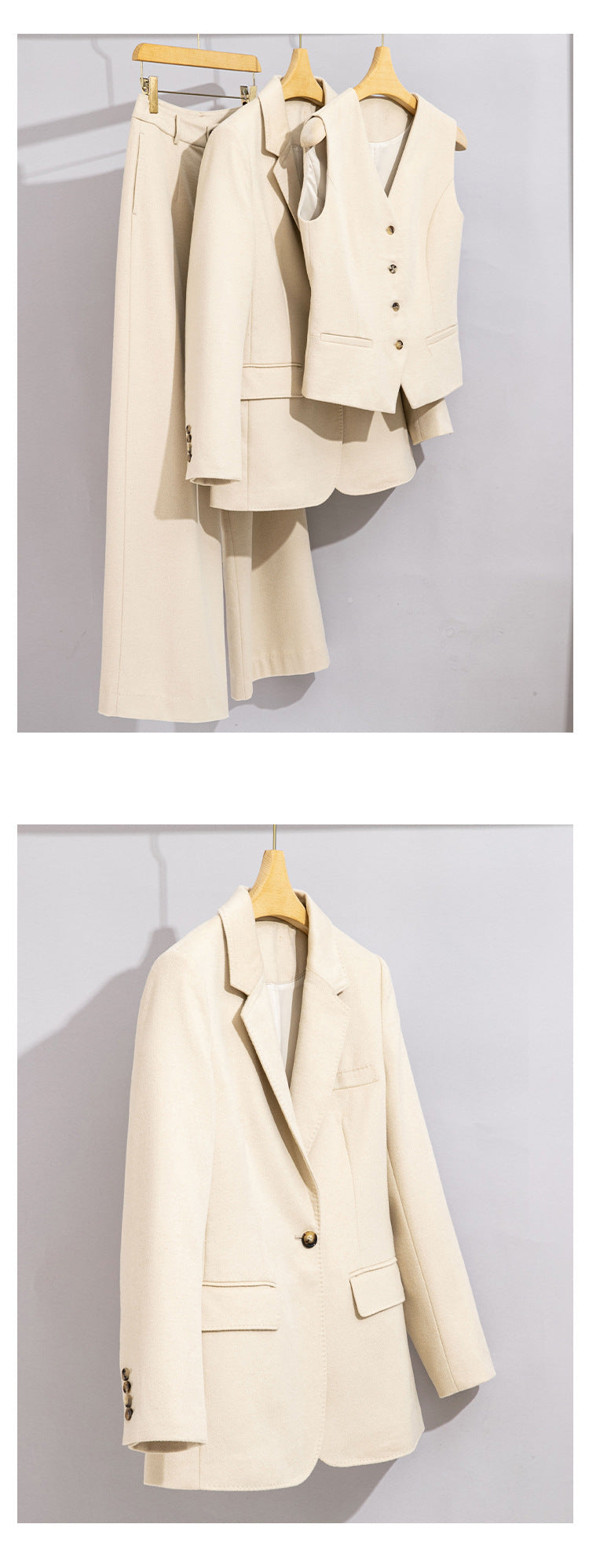 Wool Suit Set for Women, Three-Piece Autumn and Winter Formal Wear, Vest, Straight-Leg Wide-Leg Pants, Small Blazer, Elegant and Stylish