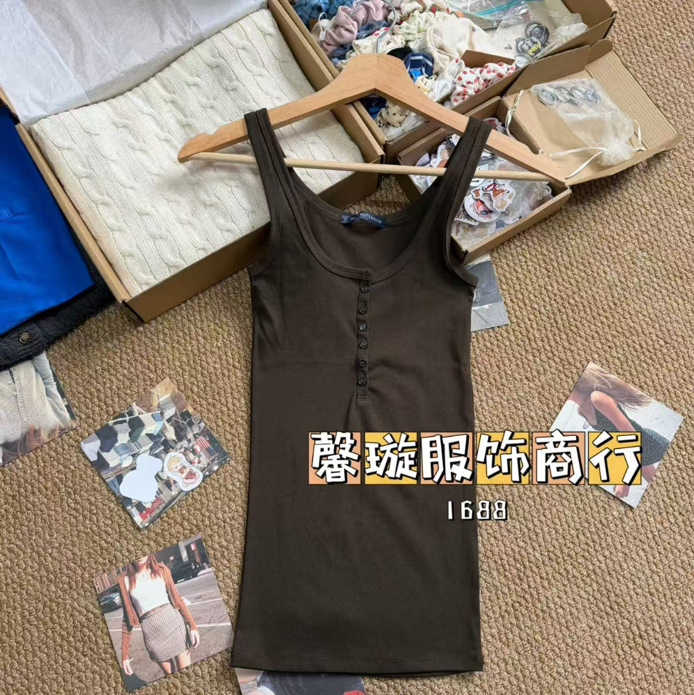 Estilo BM estilo americano gostoso garota fino botão camisola feminina BM uso externo emagrecimento camada de fundo versátil top sem mangas