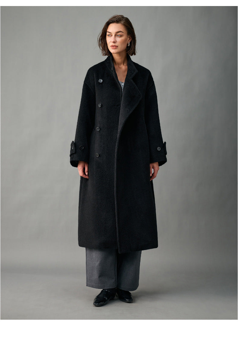 Lined, Thickened, Warm Autumn and Winter New Alpaca Wool Coat for Women with Partial Placket and Tie, Peruvian Alpaca Wool Coat