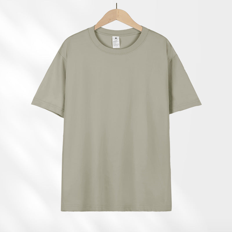 Camiseta japonesa de manga curta de algodão puro pesado 230g para mulheres, versátil, gola redonda, ombro direto, cor sólida, meia manga, atacado, camiseta para homens