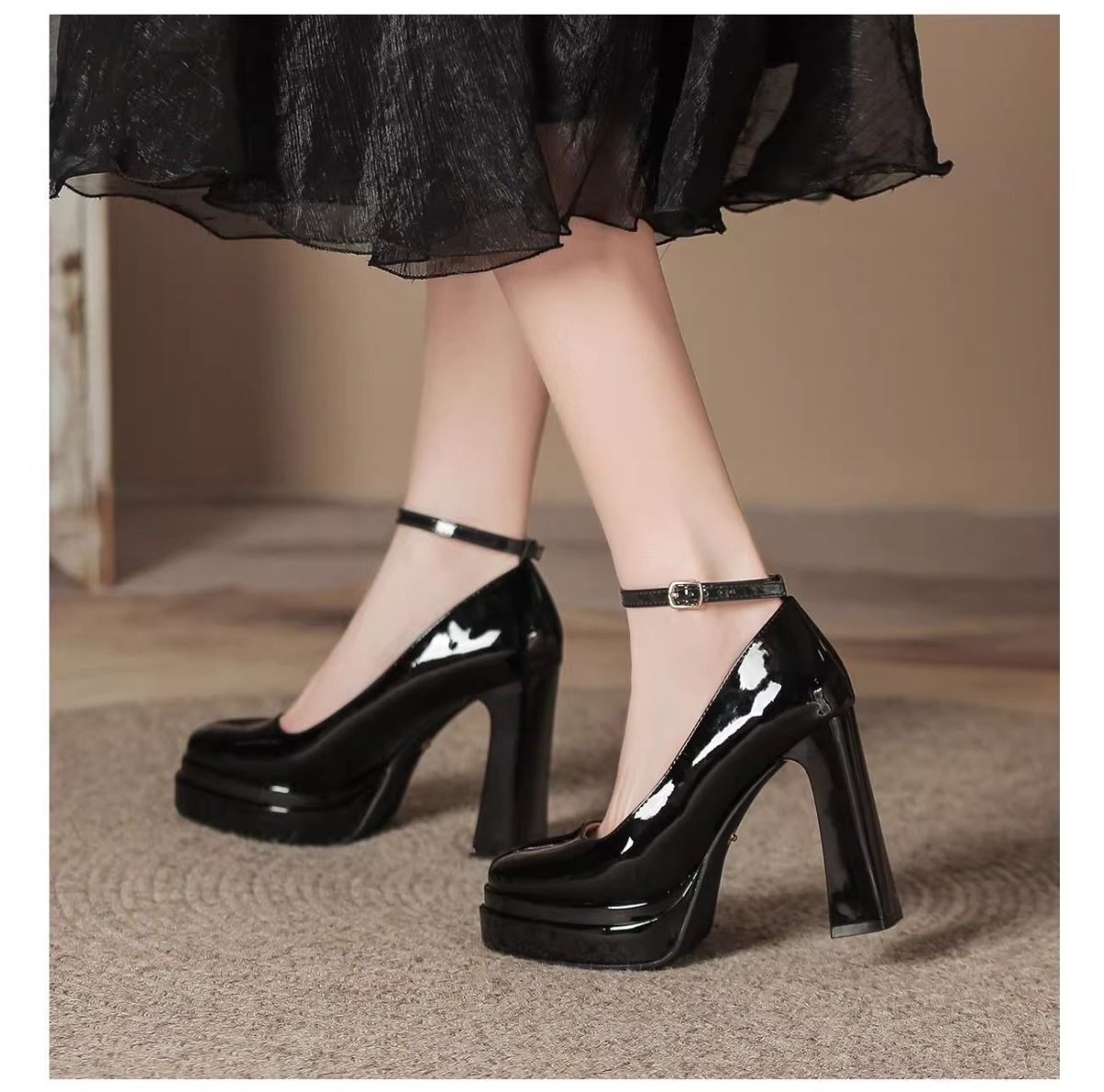 French-Style Mary Jane Thick-Soled Waterproof Platform Shoes for Petite Individuals, Black Single-Strap Ultra-High Heels, 2026 New Model, Patent Leather