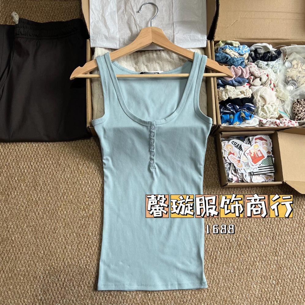 Estilo BM estilo americano gostoso garota fino botão camisola feminina BM uso externo emagrecimento camada de fundo versátil top sem mangas