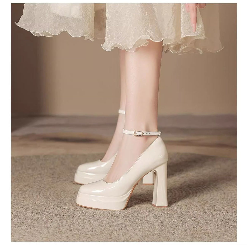 French-Style Mary Jane Thick-Soled Waterproof Platform Shoes for Petite Individuals, Black Single-Strap Ultra-High Heels, 2026 New Model, Patent Leather