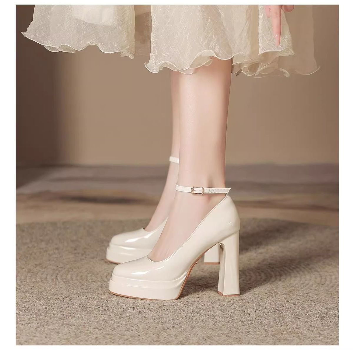 French-Style Mary Jane Thick-Soled Waterproof Platform Shoes for Petite Individuals, Black Single-Strap Ultra-High Heels, 2026 New Model, Patent Leather