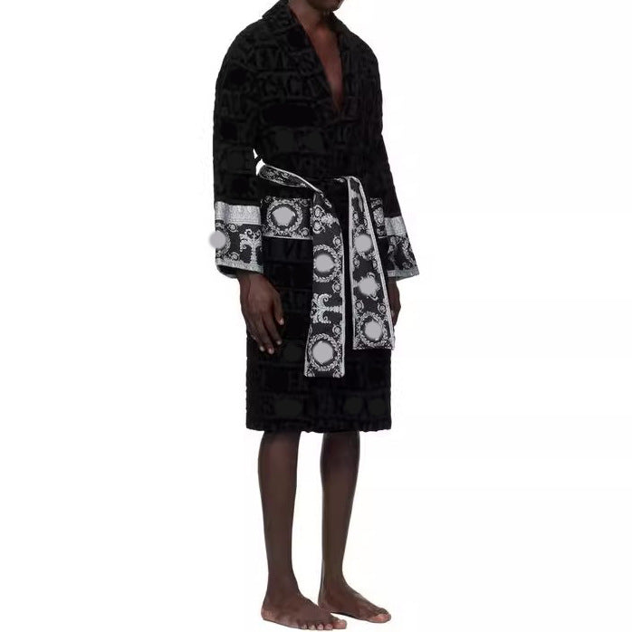 Cross-Border E-Commerce Pure Cotton Bathrobe Towel Material Unisex All-Season Lettered Bathrobe Van's Long-Style Couple's Bathrobe