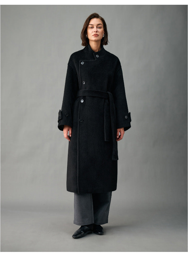 Lined, Thickened, Warm Autumn and Winter New Alpaca Wool Coat for Women with Partial Placket and Tie, Peruvian Alpaca Wool Coat