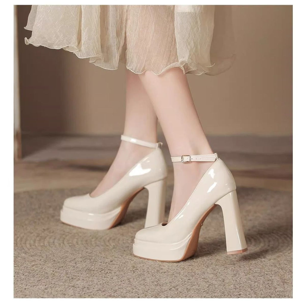 French-Style Mary Jane Thick-Soled Waterproof Platform Shoes for Petite Individuals, Black Single-Strap Ultra-High Heels, 2026 New Model, Patent Leather