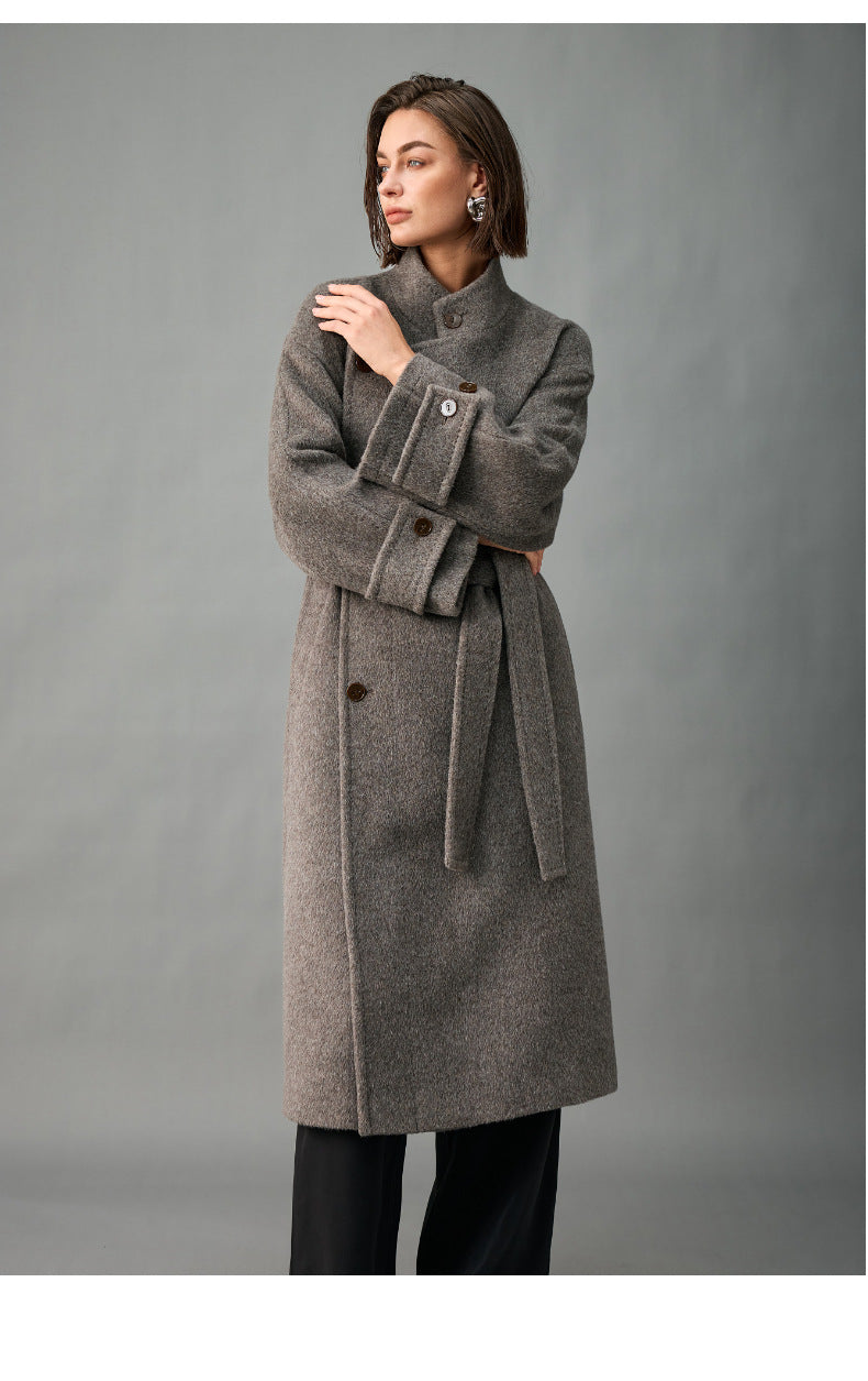 Lined, Thickened, Warm Autumn and Winter New Alpaca Wool Coat for Women with Partial Placket and Tie, Peruvian Alpaca Wool Coat