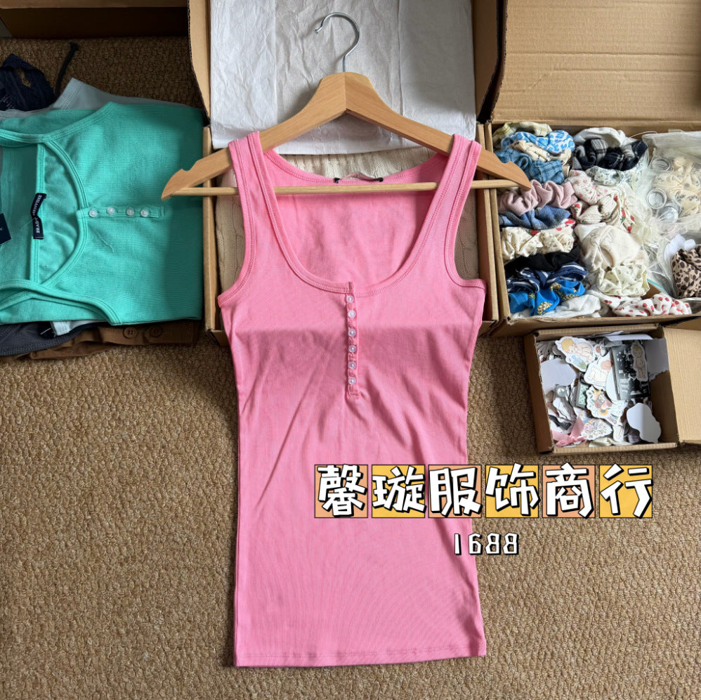 Estilo BM estilo americano gostoso garota fino botão camisola feminina BM uso externo emagrecimento camada de fundo versátil top sem mangas