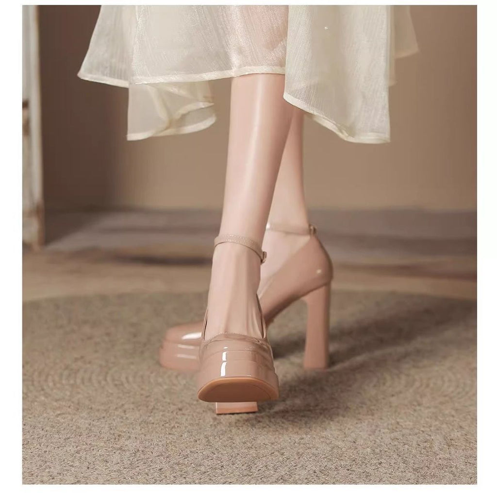 French-Style Mary Jane Thick-Soled Waterproof Platform Shoes for Petite Individuals, Black Single-Strap Ultra-High Heels, 2026 New Model, Patent Leather