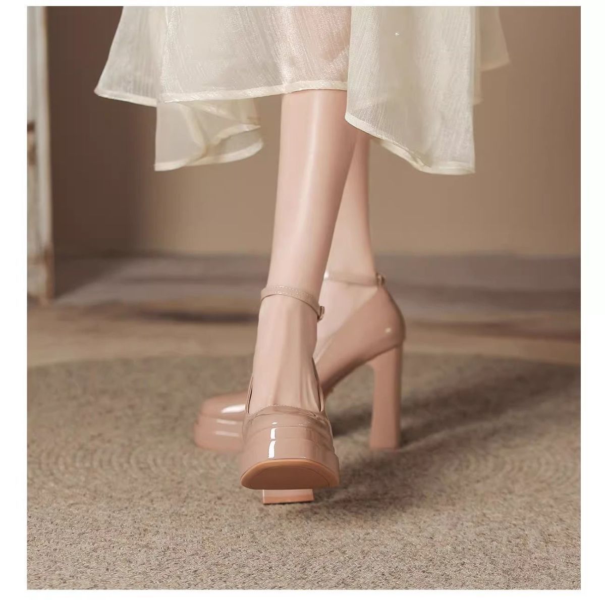 French-Style Mary Jane Thick-Soled Waterproof Platform Shoes for Petite Individuals, Black Single-Strap Ultra-High Heels, 2026 New Model, Patent Leather