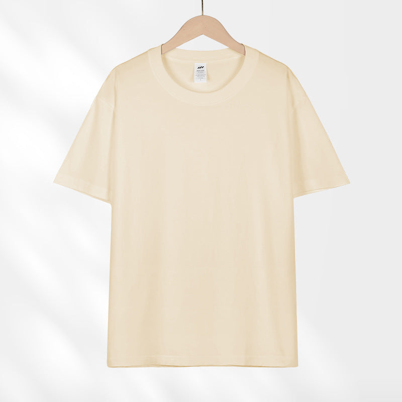 Camiseta japonesa de manga curta de algodão puro pesado 230g para mulheres, versátil, gola redonda, ombro direto, cor sólida, meia manga, atacado, camiseta para homens
