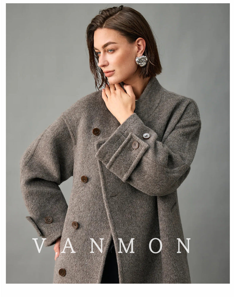 Lined, Thickened, Warm Autumn and Winter New Alpaca Wool Coat for Women with Partial Placket and Tie, Peruvian Alpaca Wool Coat