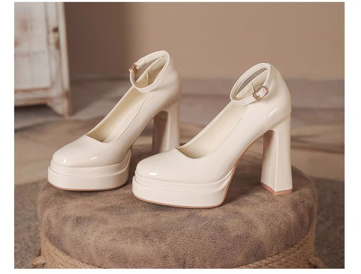 French-Style Mary Jane Thick-Soled Waterproof Platform Shoes for Petite Individuals, Black Single-Strap Ultra-High Heels, 2026 New Model, Patent Leather