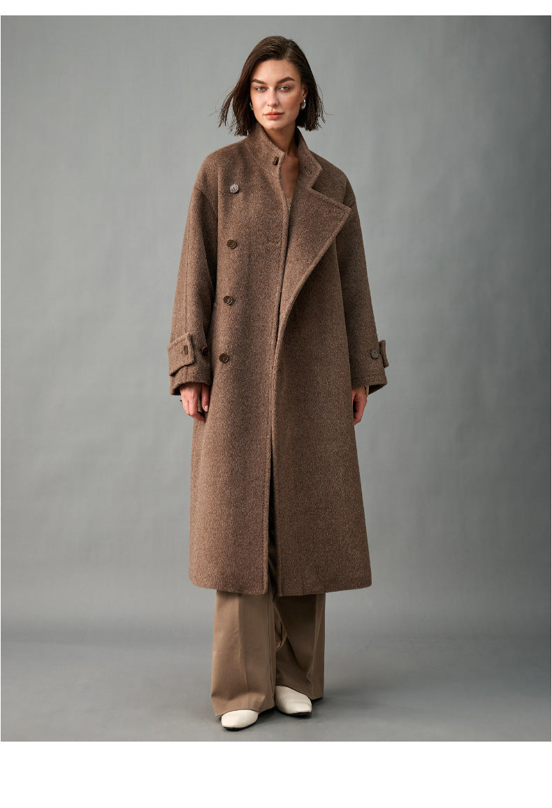 Lined, Thickened, Warm Autumn and Winter New Alpaca Wool Coat for Women with Partial Placket and Tie, Peruvian Alpaca Wool Coat