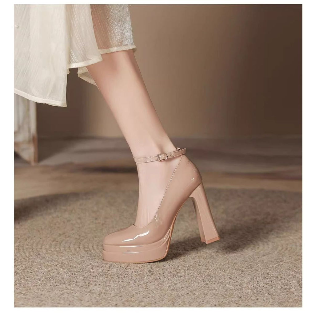 French-Style Mary Jane Thick-Soled Waterproof Platform Shoes for Petite Individuals, Black Single-Strap Ultra-High Heels, 2026 New Model, Patent Leather
