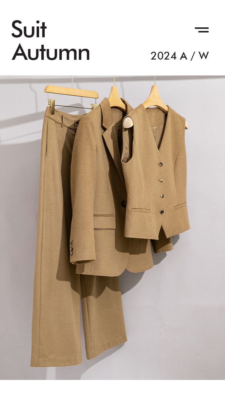 Wool Suit Set for Women, Three-Piece Autumn and Winter Formal Wear, Vest, Straight-Leg Wide-Leg Pants, Small Blazer, Elegant and Stylish