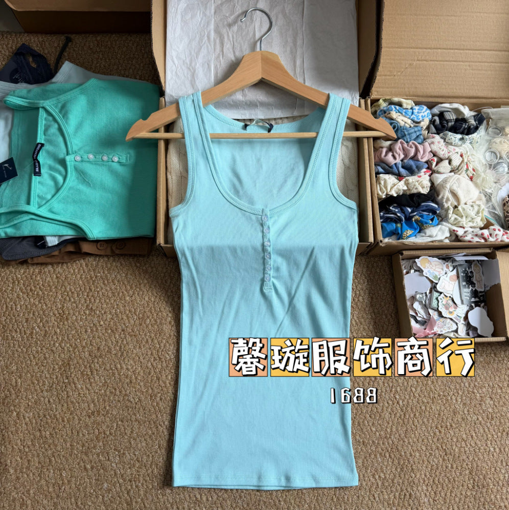 Estilo BM estilo americano gostoso garota fino botão camisola feminina BM uso externo emagrecimento camada de fundo versátil top sem mangas