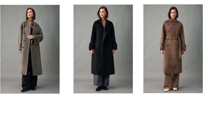 Lined, Thickened, Warm Autumn and Winter New Alpaca Wool Coat for Women with Partial Placket and Tie, Peruvian Alpaca Wool Coat