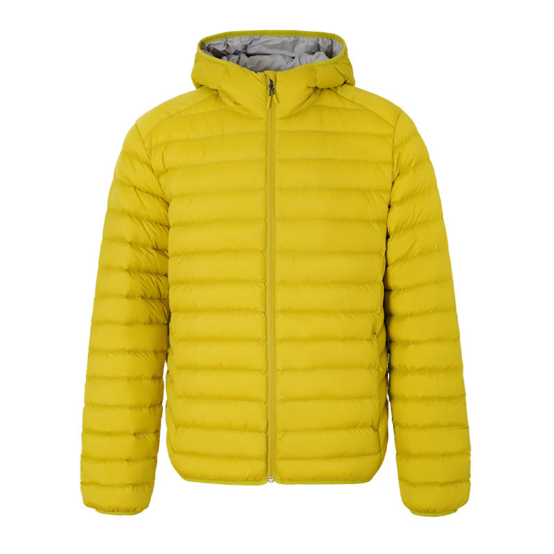 Spot 2026 outono e inverno novo fino quente jaqueta masculina com capuz cor sólida curta 90 jaqueta de pato branco