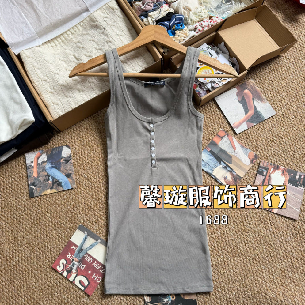 Estilo BM estilo americano gostoso garota fino botão camisola feminina BM uso externo emagrecimento camada de fundo versátil top sem mangas