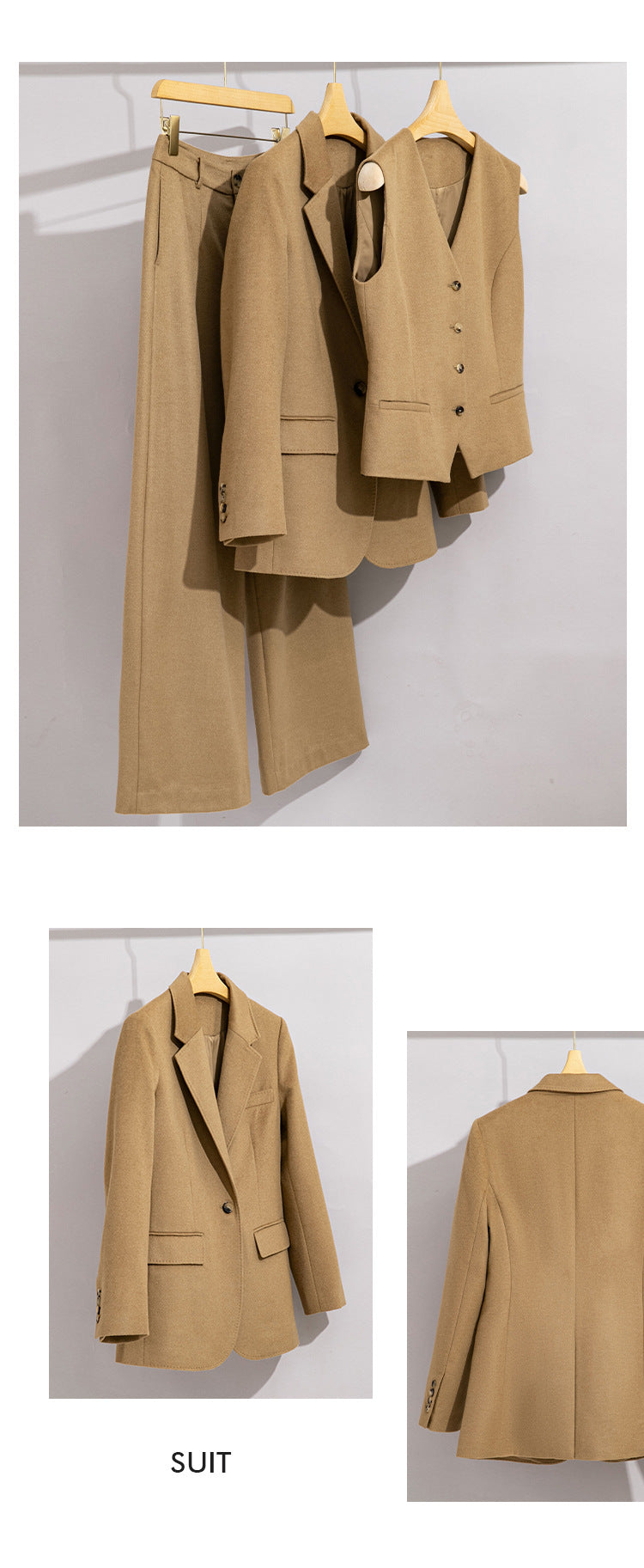 Wool Suit Set for Women, Three-Piece Autumn and Winter Formal Wear, Vest, Straight-Leg Wide-Leg Pants, Small Blazer, Elegant and Stylish