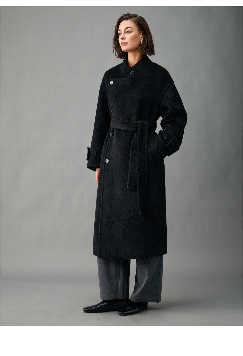 Lined, Thickened, Warm Autumn and Winter New Alpaca Wool Coat for Women with Partial Placket and Tie, Peruvian Alpaca Wool Coat