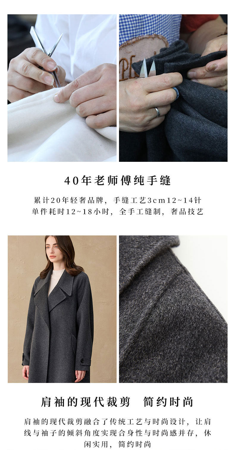 2025 Cashmere Long Coat Woolen Coat Coat Pure Cashmere Coat Double-sided Woolen Lace-up Commuter Coat for Women