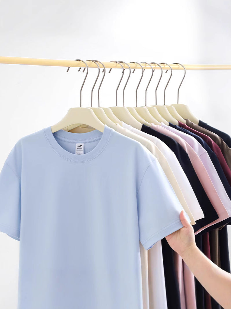 Camiseta japonesa de manga curta de algodão puro pesado 230g para mulheres, versátil, gola redonda, ombro direto, cor sólida, meia manga, atacado, camiseta para homens
