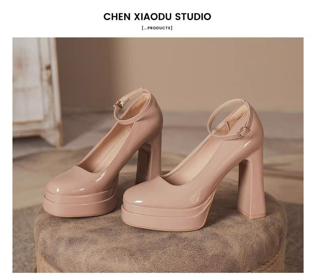 French-Style Mary Jane Thick-Soled Waterproof Platform Shoes for Petite Individuals, Black Single-Strap Ultra-High Heels, 2026 New Model, Patent Leather