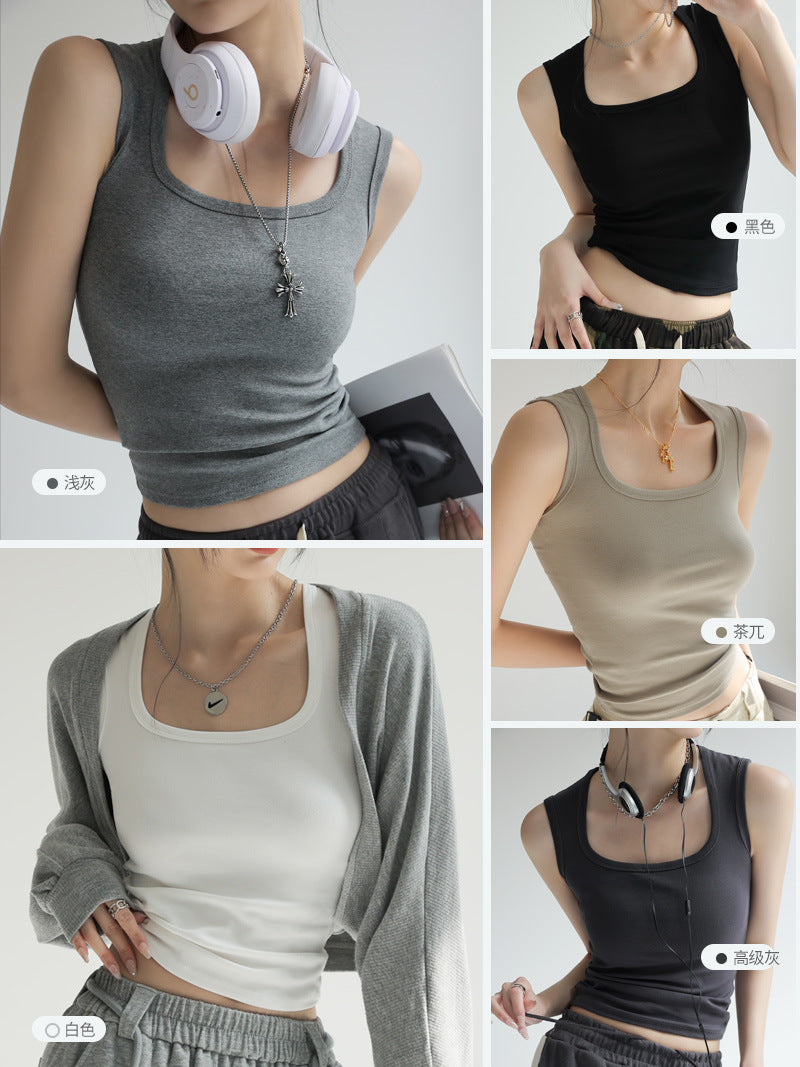 Camisola preta em forma de I cuidadosamente selecionada para mulheres, camisa interna de verão 2025, novo top cobrindo os seios secundários, alças largas, pode ser usado externamente