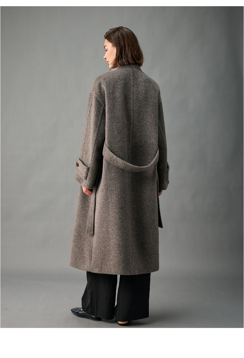 Lined, Thickened, Warm Autumn and Winter New Alpaca Wool Coat for Women with Partial Placket and Tie, Peruvian Alpaca Wool Coat